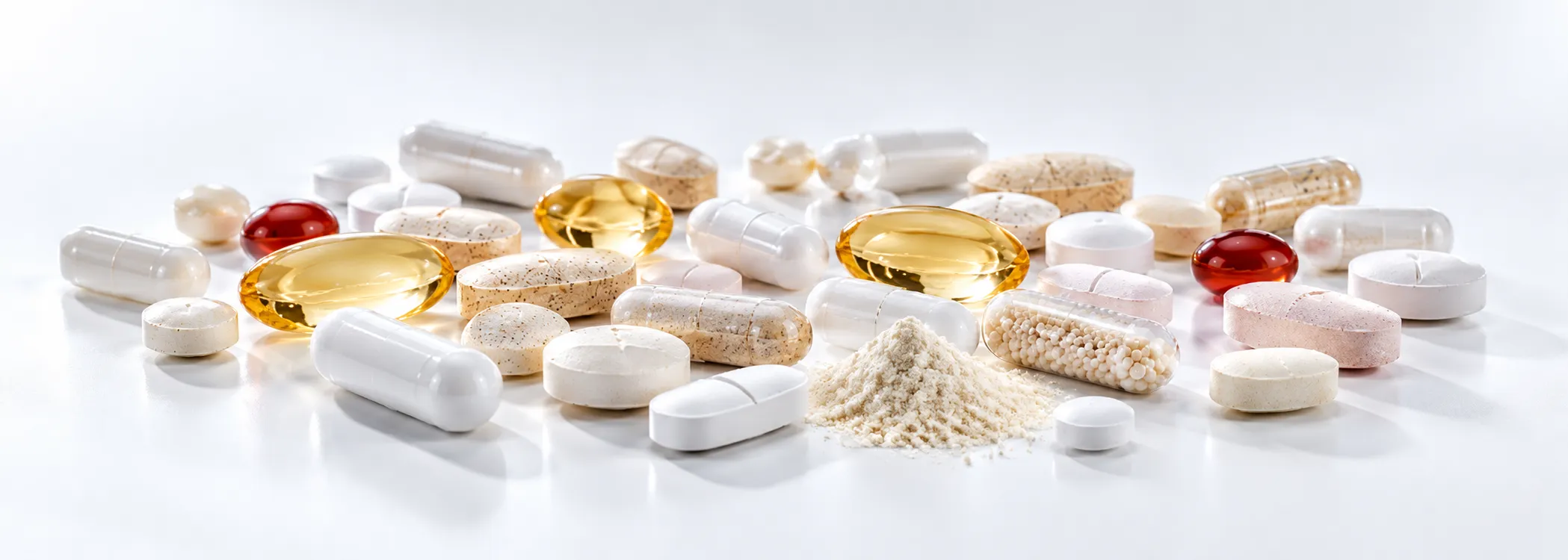 Verschiedene Nahrungsergänzungsmittel als Tabletten und Kapseln
