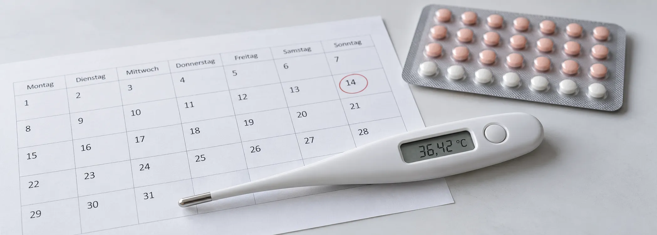 Zykluskalender mit Basalthermometer und Tablettenblister